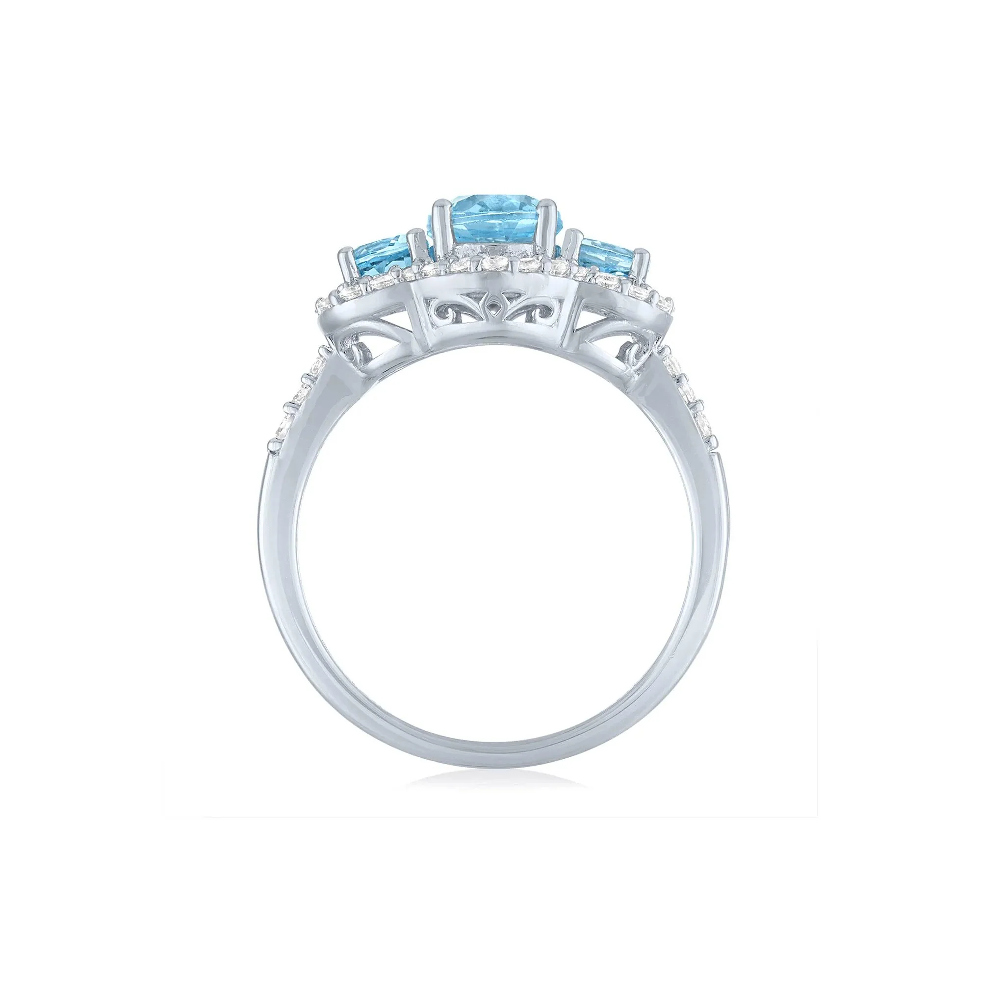 Swiss Blue Topaz & Lab-Created White Sapphire Three-Stone Ring .925 Sterling Silver Size 8.5 1mm - Image 2