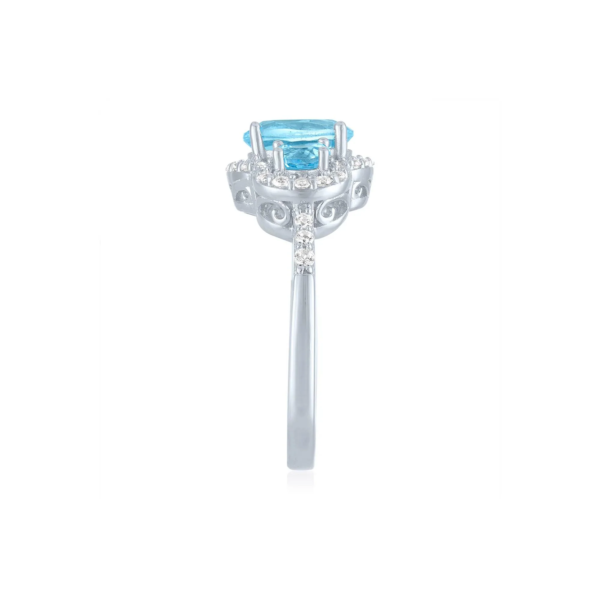 Swiss Blue Topaz & Lab-Created White Sapphire Three-Stone Ring .925 Sterling Silver Size 9 1mm - Image 3