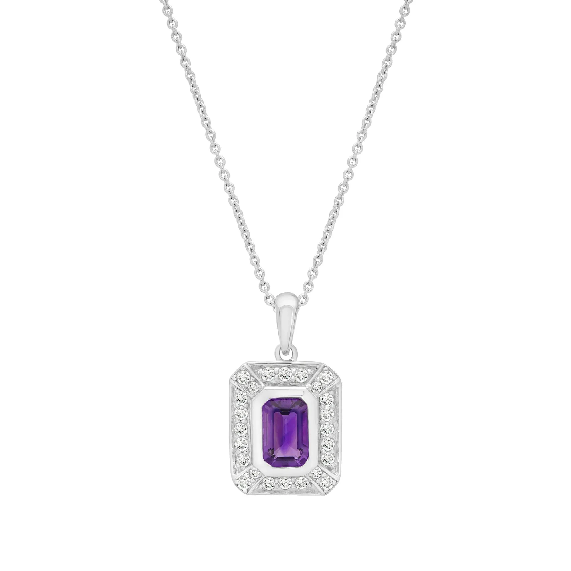 Purple Amethyst & Lab-Created White Sapphire Halo Pendant Necklace .925 Sterling Silver Size 18"