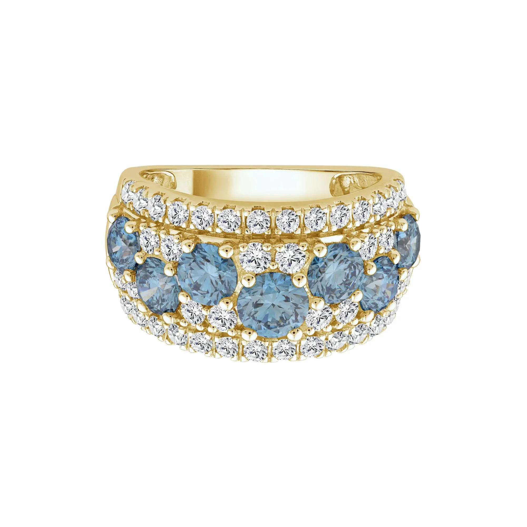 3 1/2 CT. Tw. Lab Grown Diamond Blue and White Band Ring 10K Yellow Gold Round Brilliant Cut Size 7.5 2.5mm
