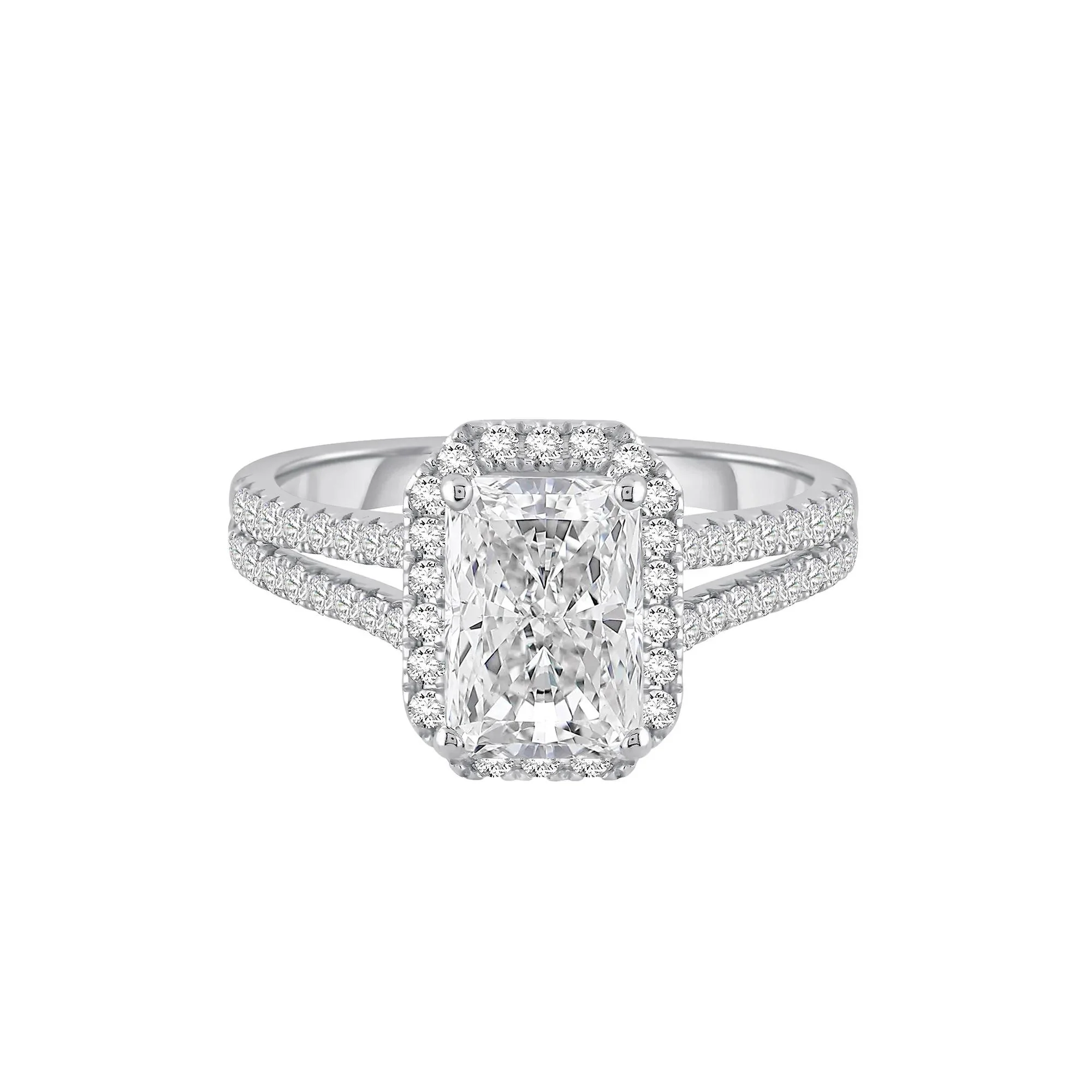 3 CT. Tw. Lab Grown Diamond Radiant-Cut Halo Engagement Ring 14K White Gold Size 7.5 11.5mm