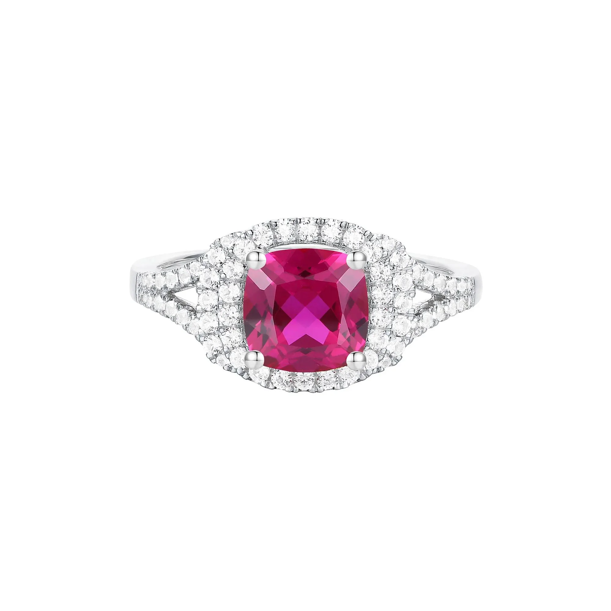 Lab-Created Ruby and Lab-Created White Sapphire Halo Ring .925 Sterling Silver Size 7 1mm