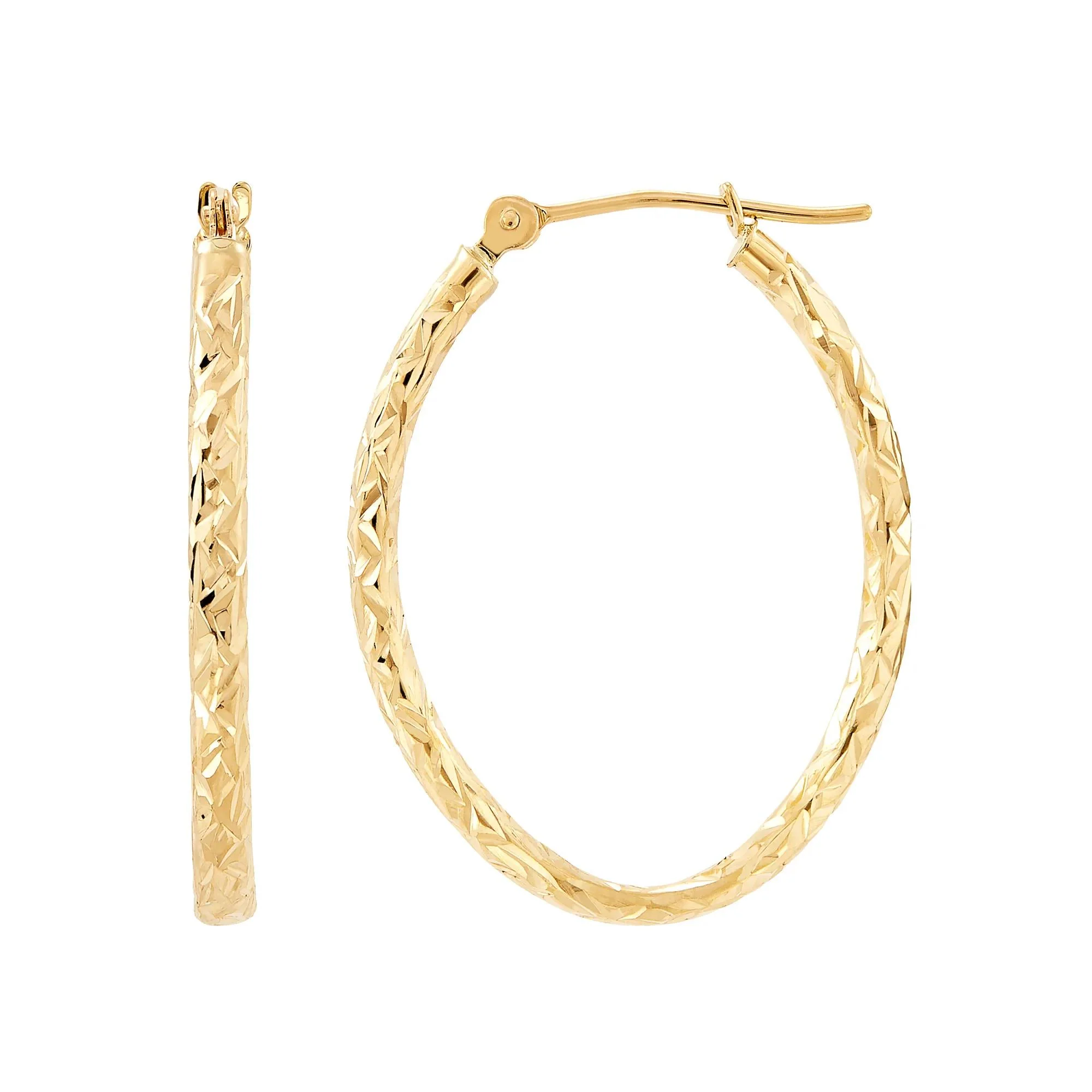 Crystal Cut Oval Hoop Earrings 10K Yellow Gold 25x Size 20.00mm