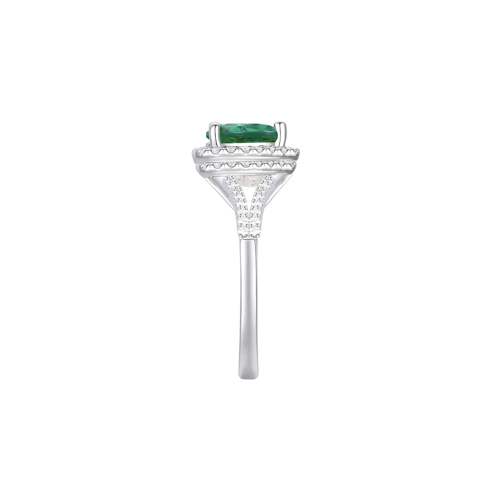Lab-Created Emerald & Lab-Created White Sapphire Halo Ring .925 Sterling Silver Size 6.5 1mm - Image 3