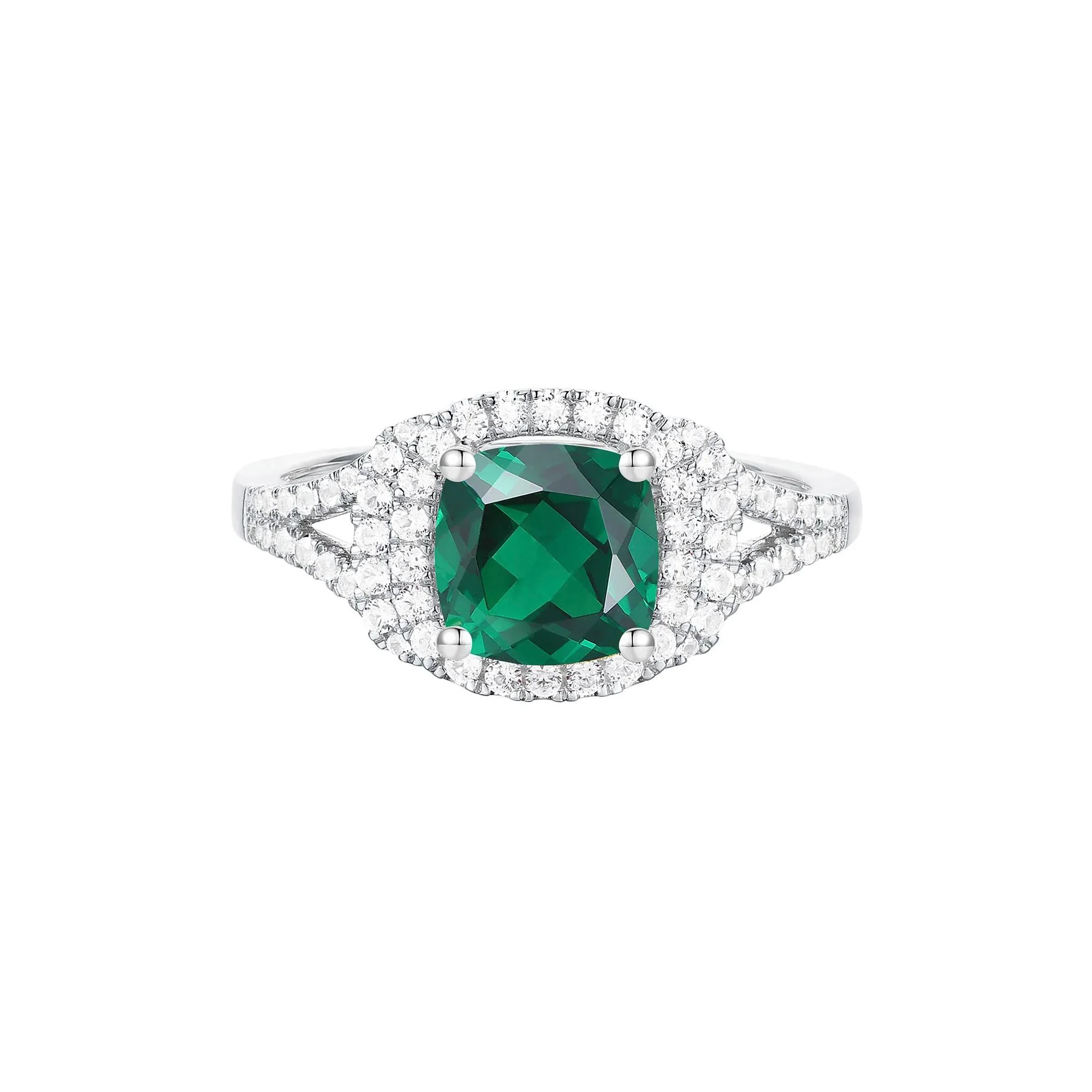 Lab-Created Emerald & Lab-Created White Sapphire Halo Ring .925 Sterling Silver Size 8.5 1mm