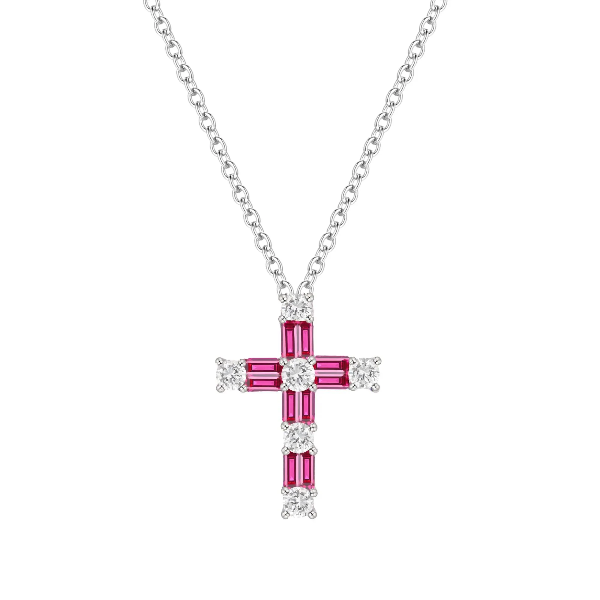 Lab-Created Ruby & Lab-Created White Sapphire Cross Pendant Necklace .925 Sterling Silver Size 18"