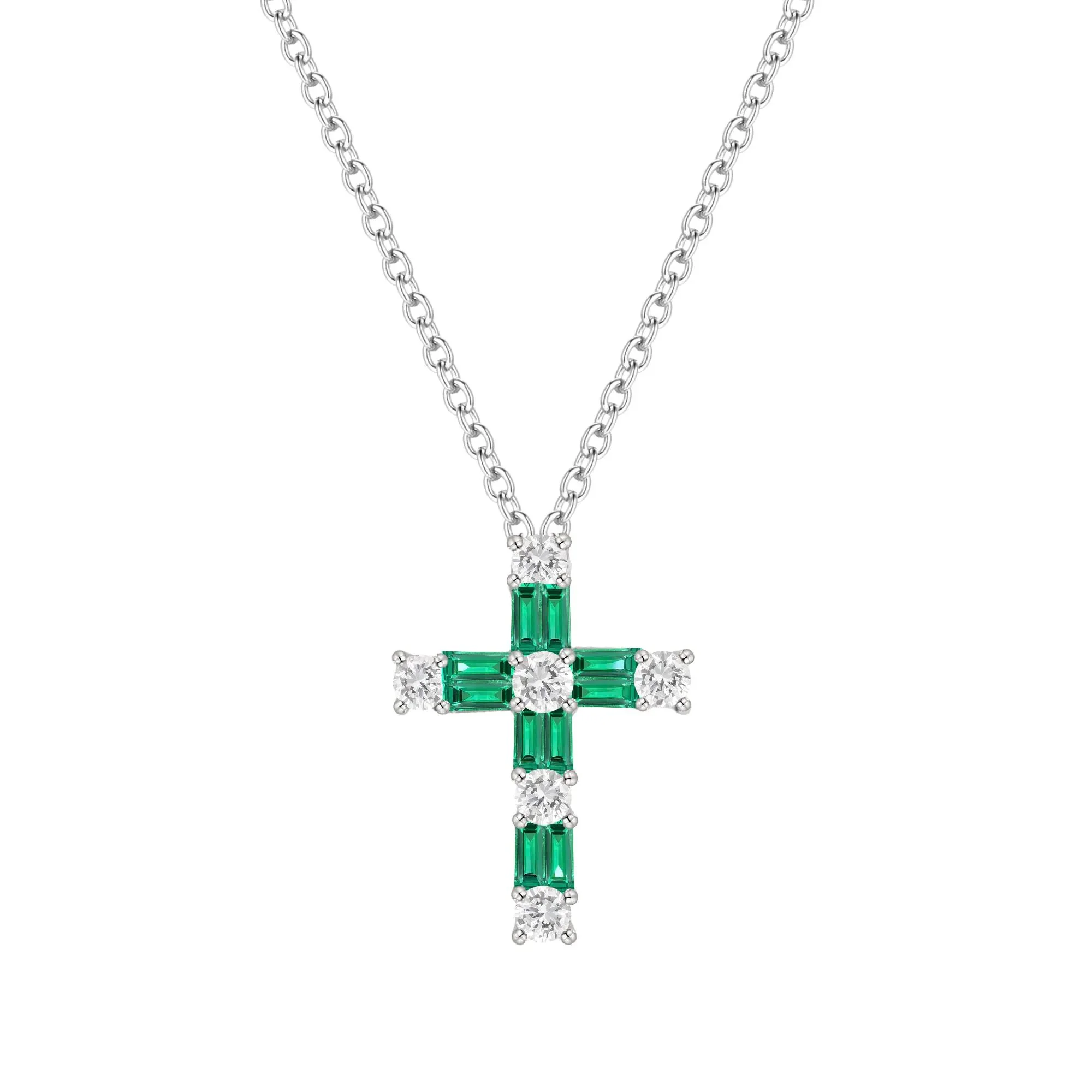Lab-Created Emerald & Lab-Created White Sapphire Cross Pendant Necklace .925 Sterling Silver Size 18"
