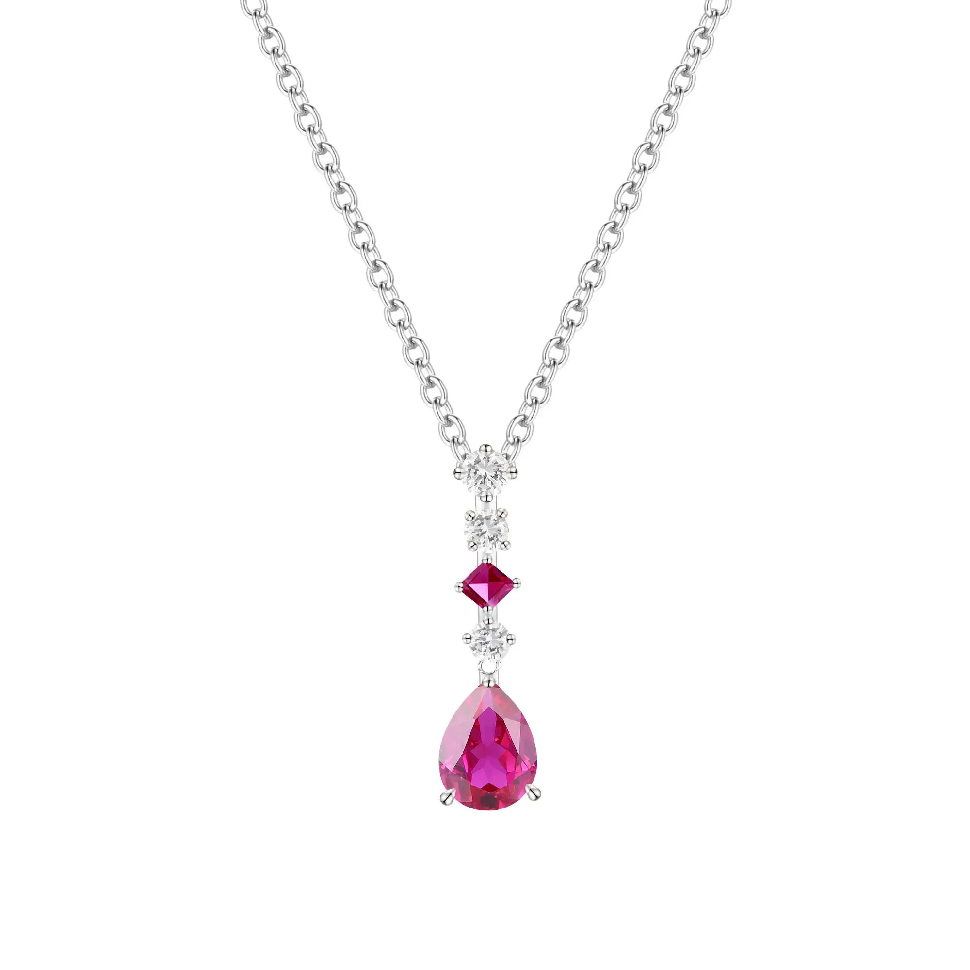 Lab-Created Ruby & Lab-Created White Sapphire Drop Pendant Necklace .925 Sterling Silver Size 18"