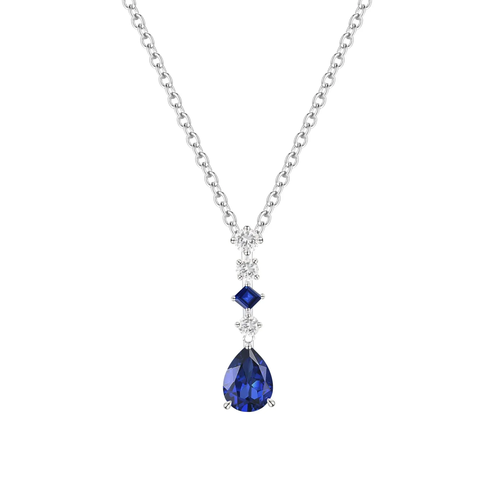 Lab-Created Blue Sapphire & Lab-Created White Sapphire Drop Pendant Necklace .925 Sterling Silver Size 18"