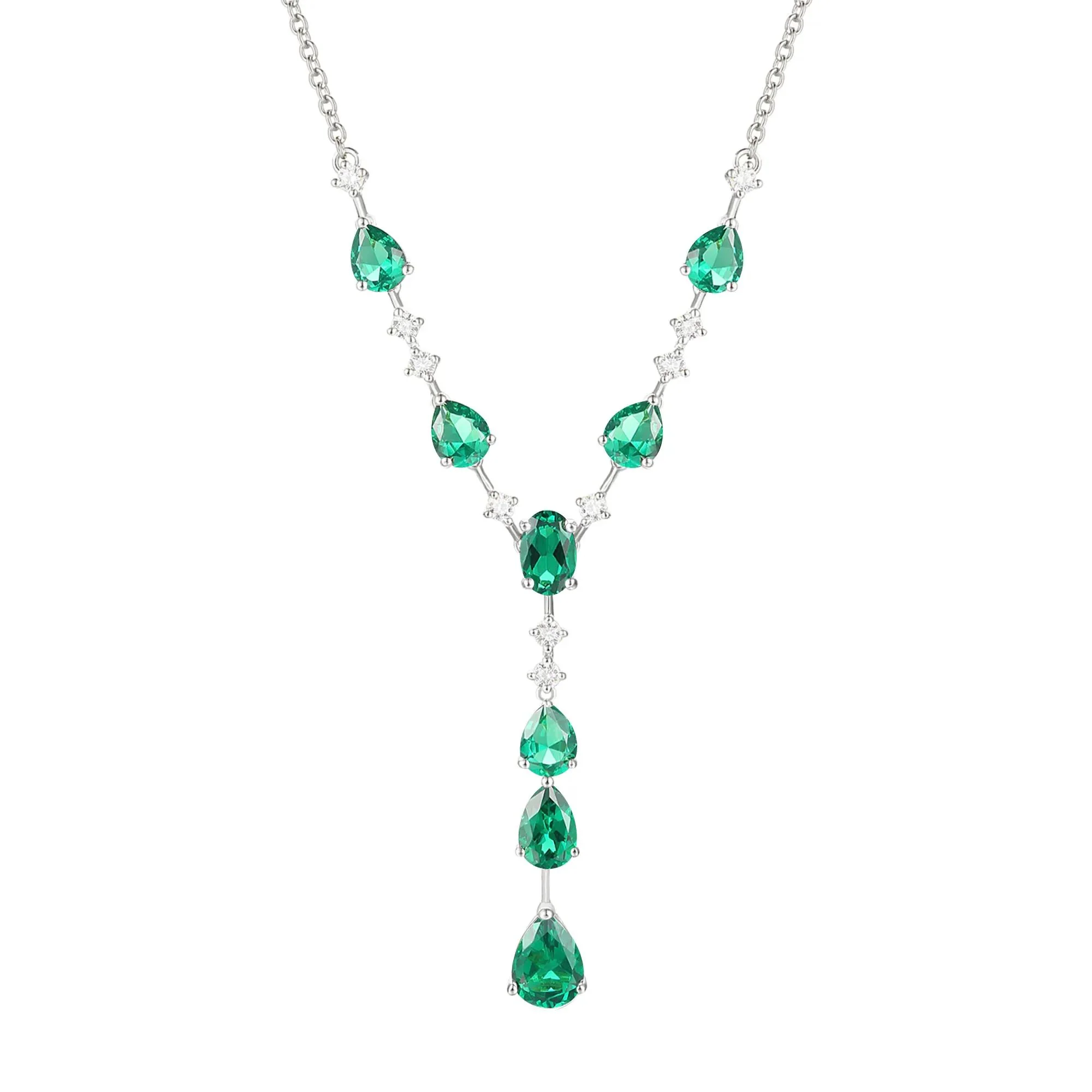 Lab-Created Emerald & Lab-Created White Sapphire Y-Neck Pendant Necklace .925 Sterling Silver Size 18"