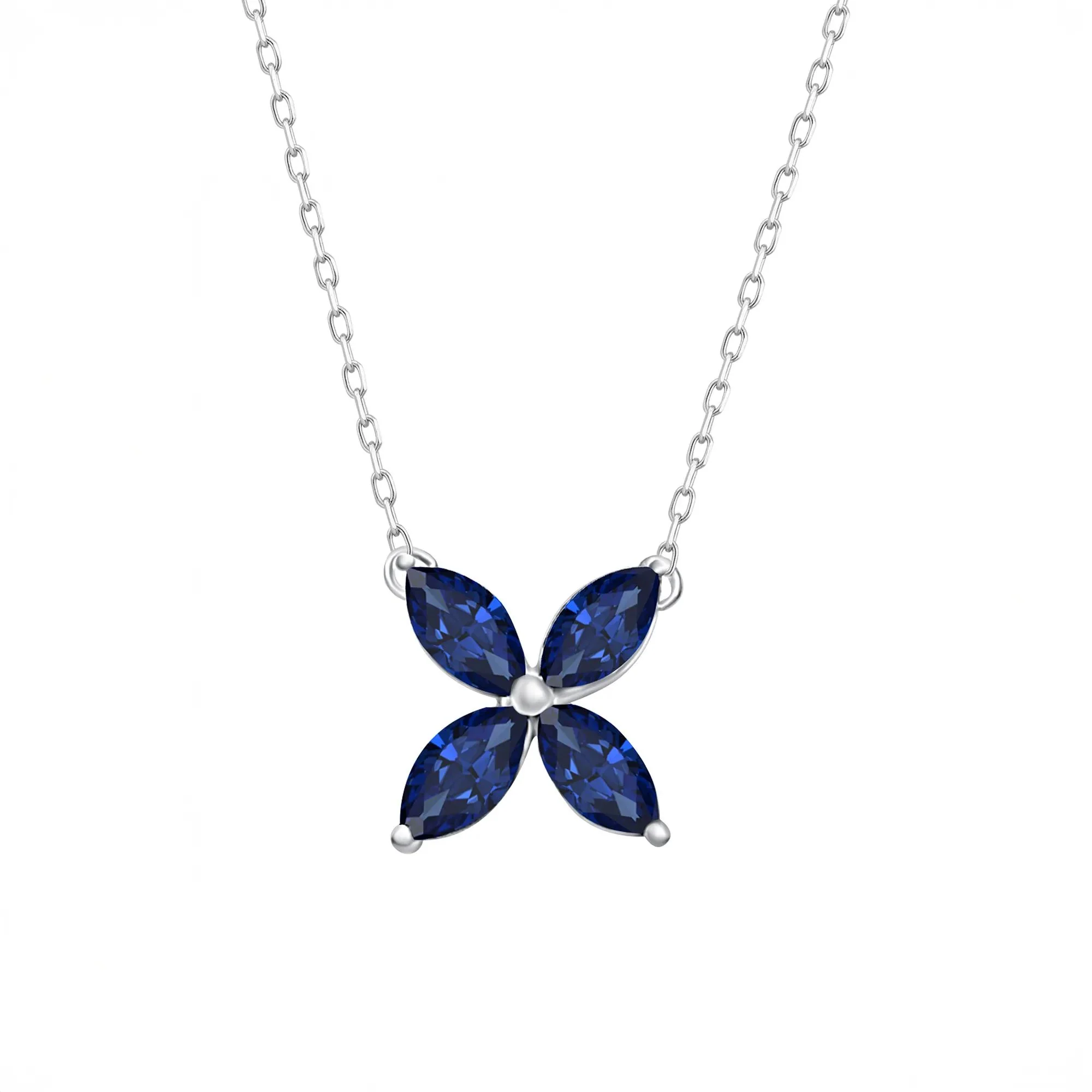 Marquise Blue Sapphire Pendant Necklace 10K White Gold Size 18"