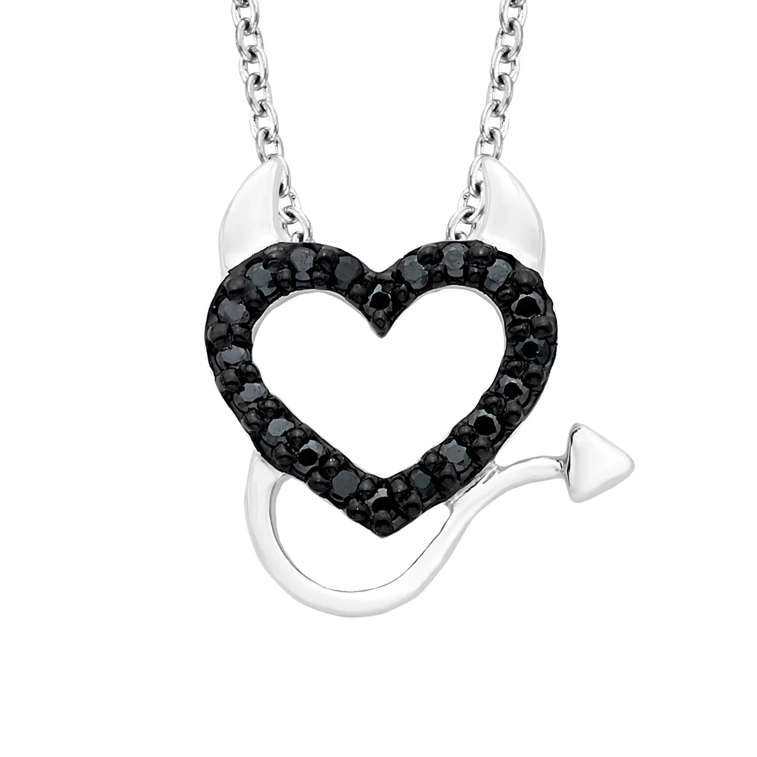 1/10 CT. Tw. Black Diamond Devil Heart Pendant Necklace .925 Sterling Silver White Size 18"