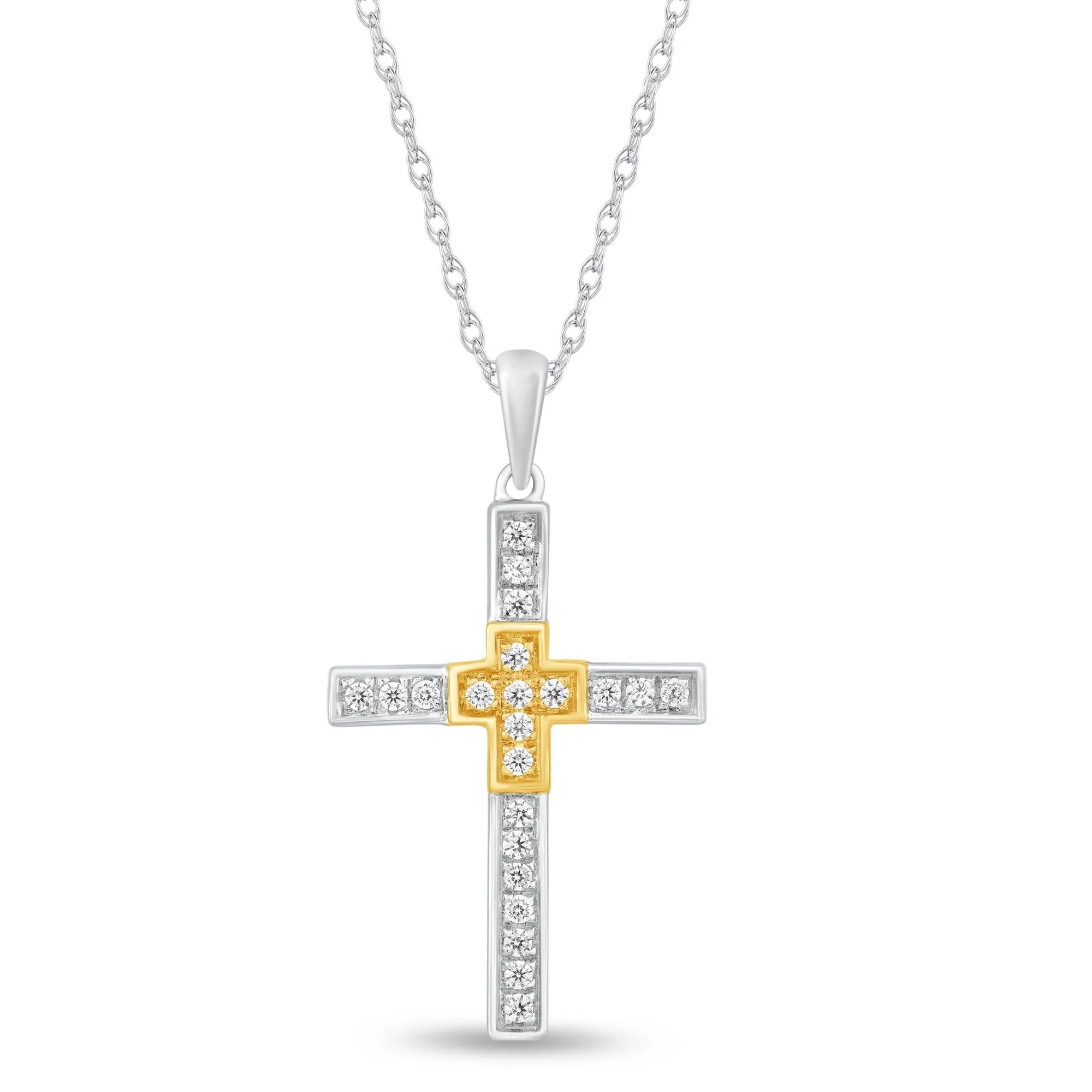 1/7 CT. Tw. Diamond Cross Pendant Necklace 10K Yellow & White Gold Size 18"