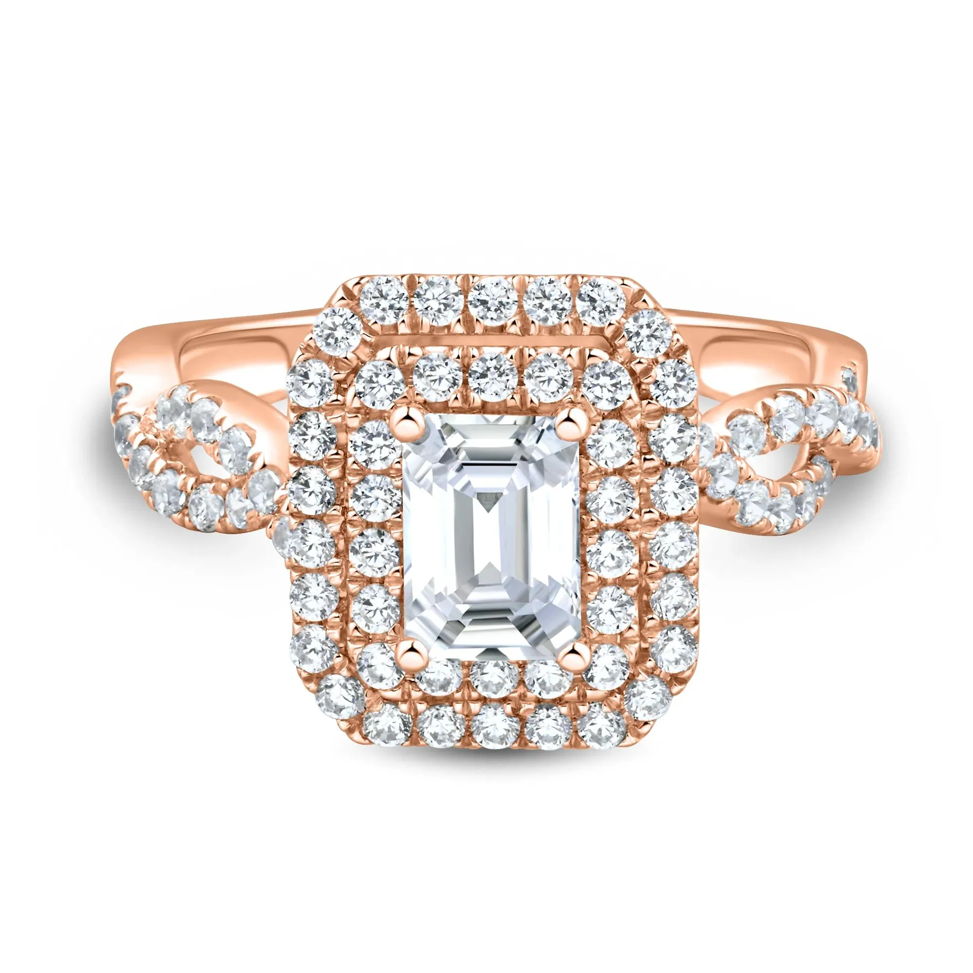 1/2 CT. Tw. Lab Grown Diamond Emerald-Cut Halo Engagement Ring 14K Rose Gold Size 8 1.5mm