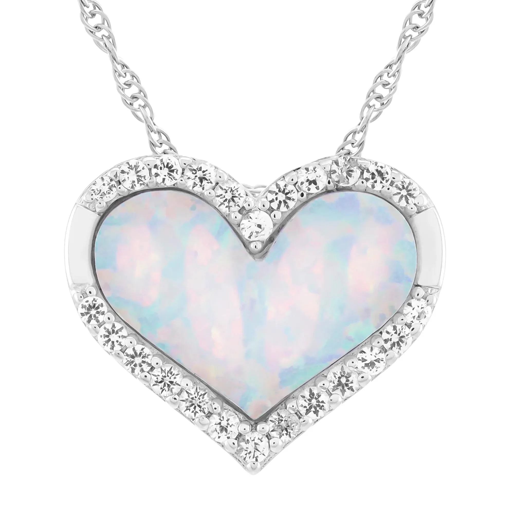 Lab-Created Opal & Lab-Created White Sapphire Heart Pendant Necklace .925 Sterling Silver Size 18"
