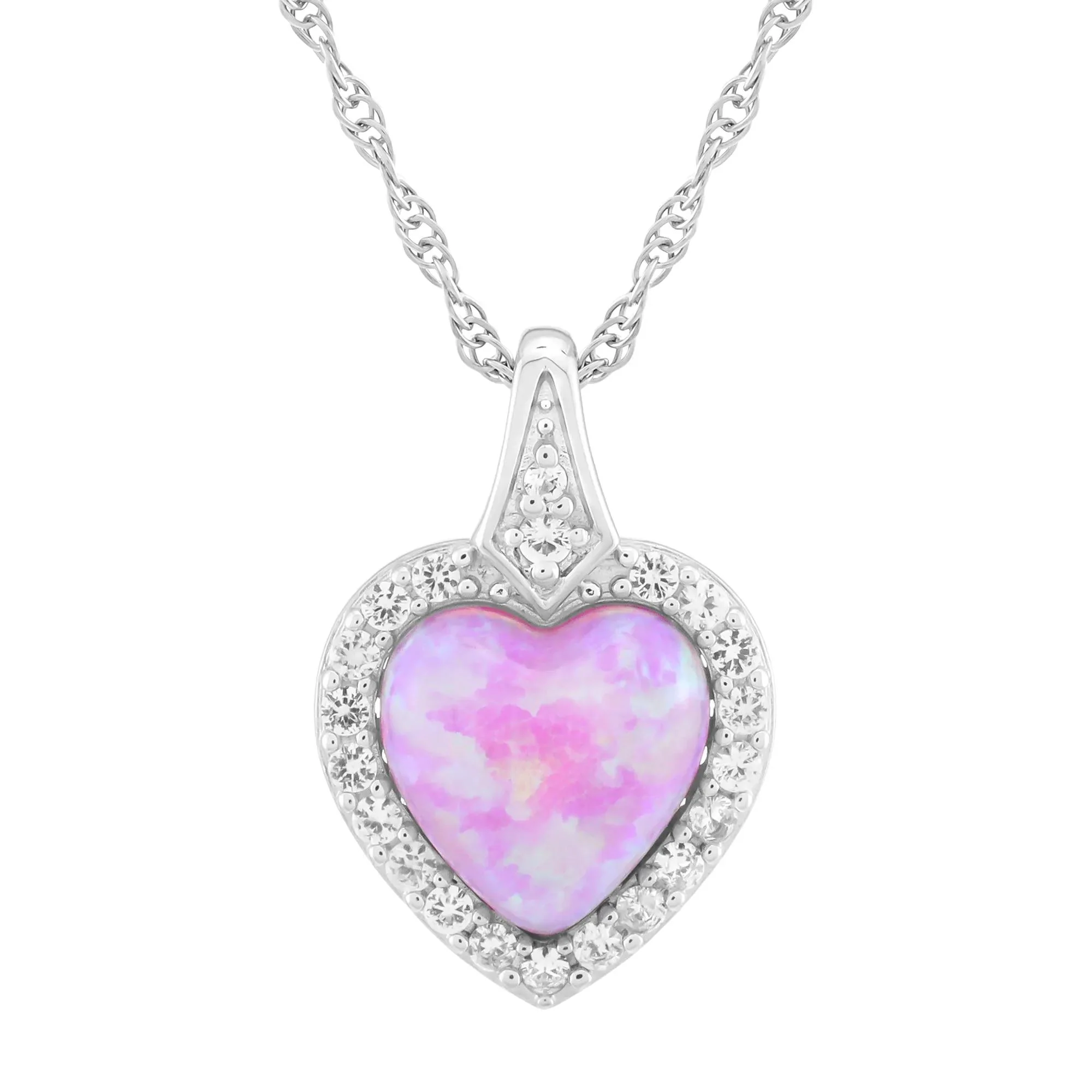 Lab-Created Pink Opal & Lab-Created White Sapphire Halo Heart Pendant Necklace .925 Sterling Silver Size 18"