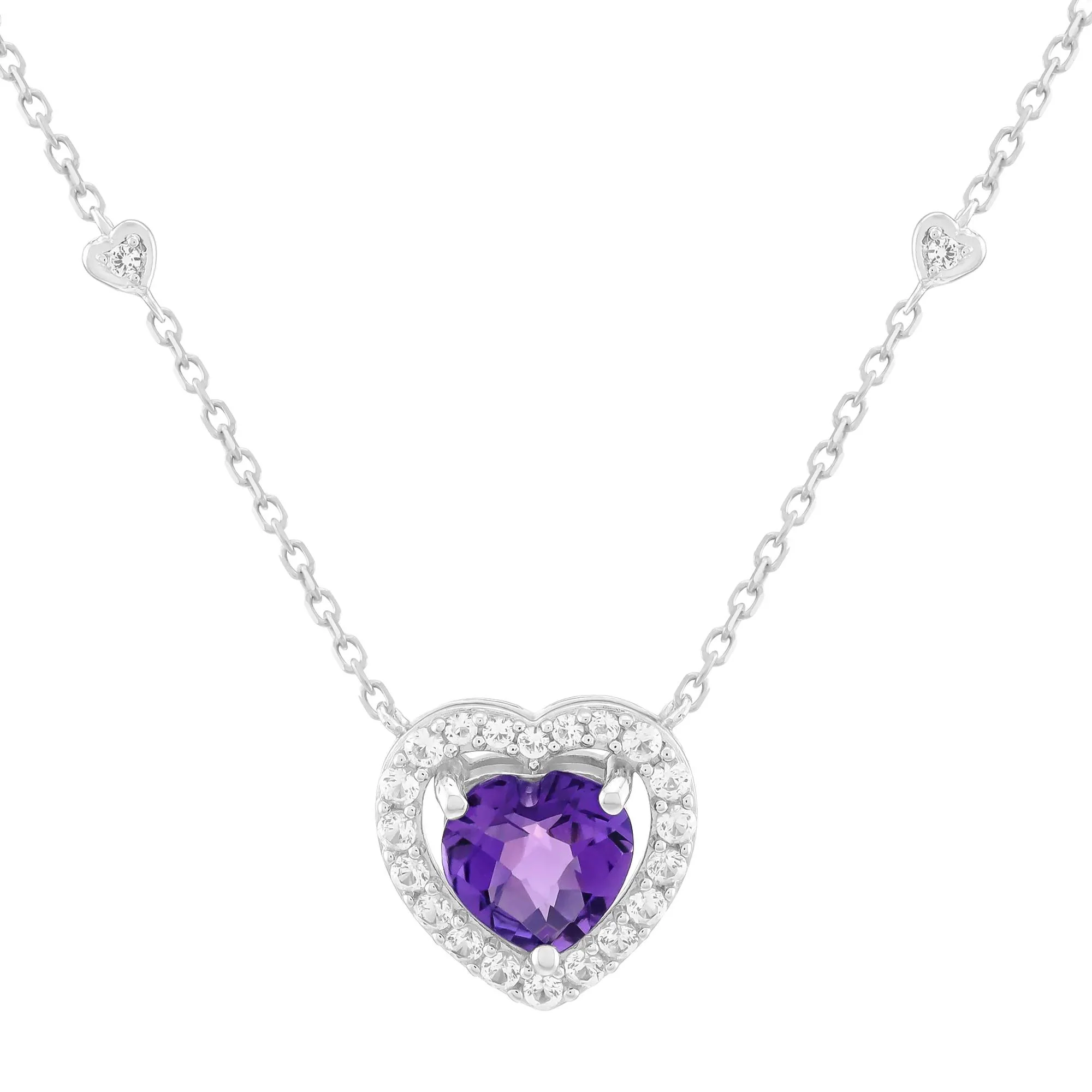 Pink Amethyst & Lab-Created White Sapphire Halo Heart Pendant Necklace .925 Sterling Silver Size 18"