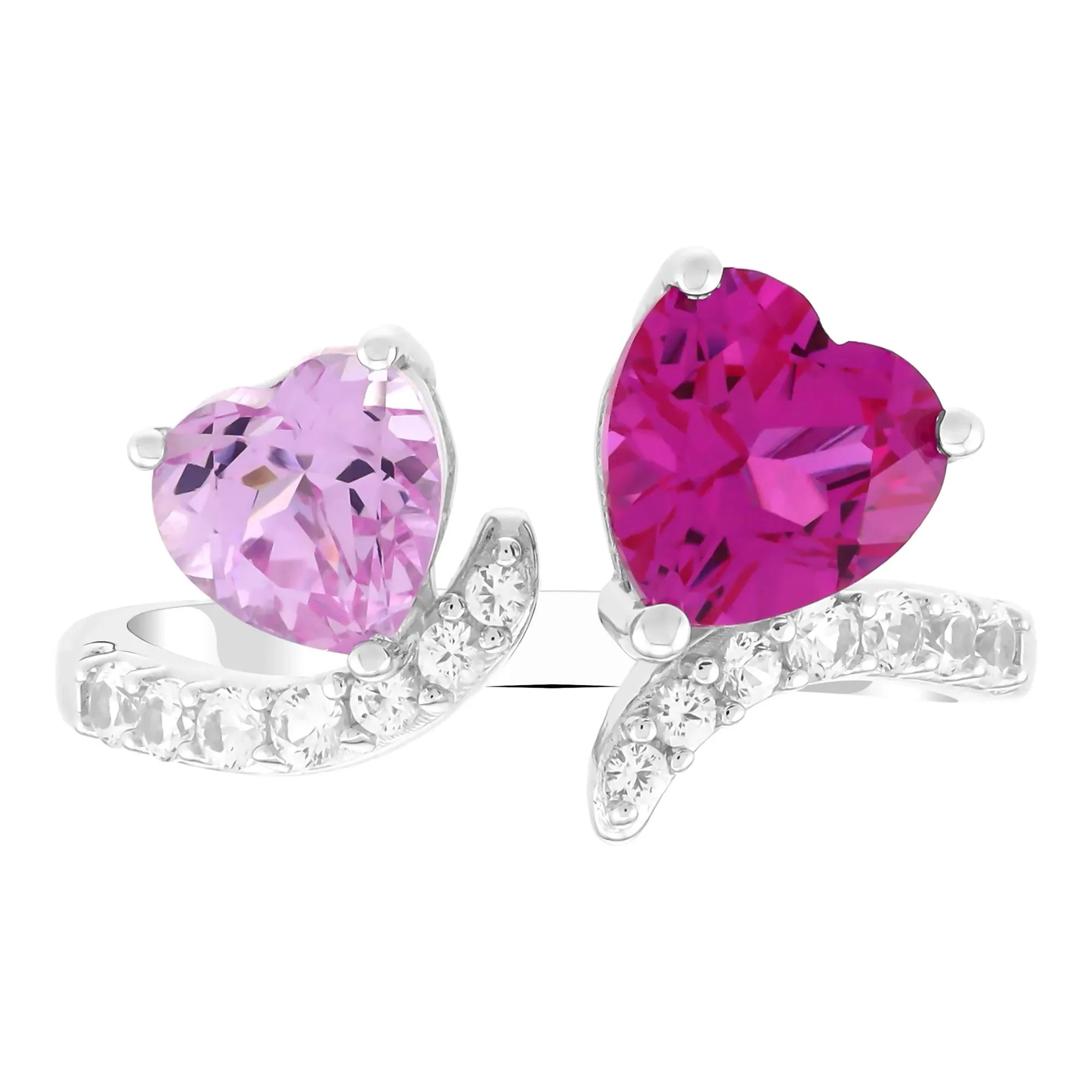 Lab-Created Pink Sapphire & Lab-Created White Sapphire Toi Et Moi Hearts Open-Front Ring .925 Sterling Silver Size 7 1.5mm
