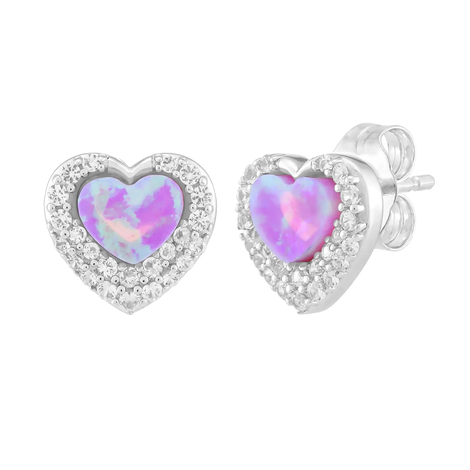 Lab-Created Pink Opal & Lab-Created White Sapphire Halo Heart Stud Earrings .925 Sterling Silver Size 9.70mm