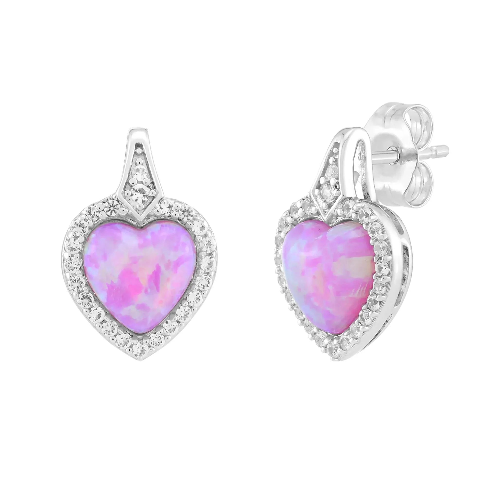 Lab-Created Pink Opal & Lab-Created White Sapphire Heart-Shaped Halo Stud Earrings .925 Sterling Silver Size 9.70mm