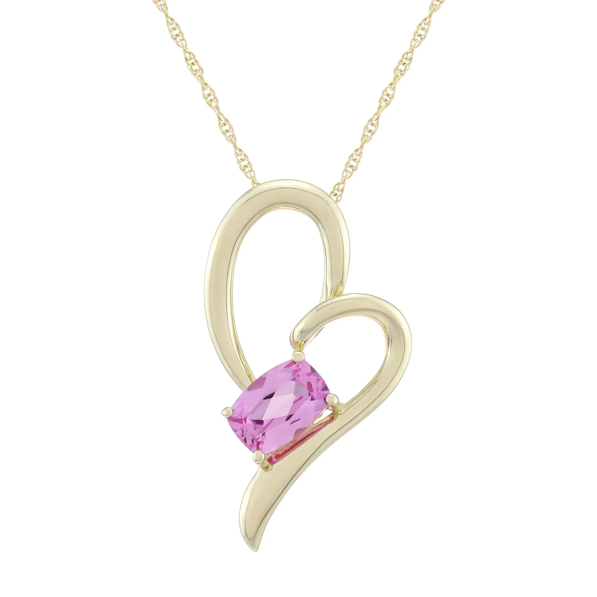 Lab-Created Pink Sapphire Heart Pendant Necklace 10K Yellow Gold Size 18"