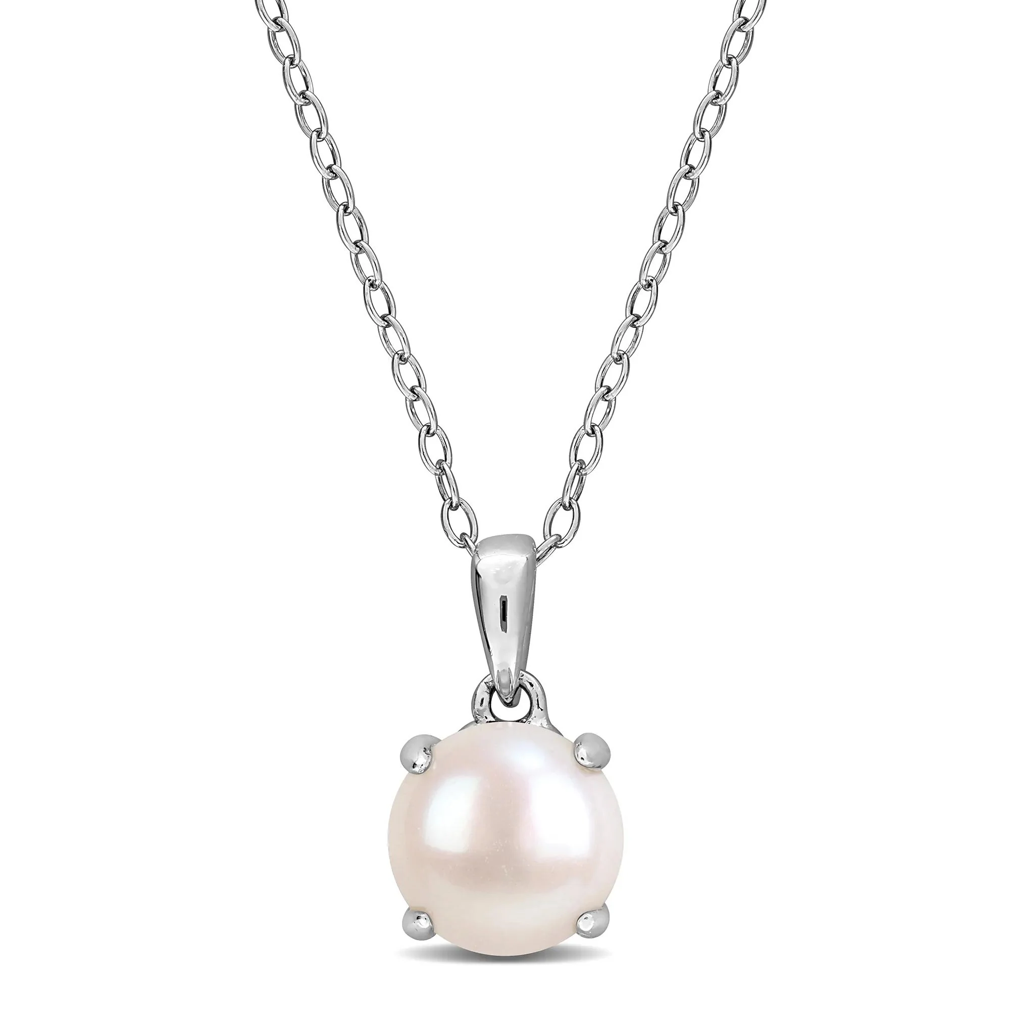 Freshwater Cultured Pearl Four-Prong Pendant Necklace .925 Sterling Silver White Size 18"